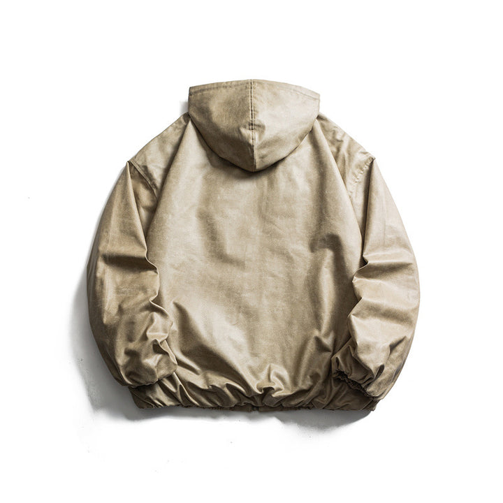 Men's short-cut faux leather hooded jacket in boxy cut with elastic hem and kangaroo pockets Mune Fashion