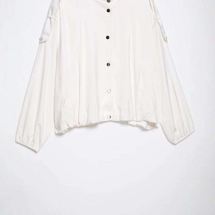 Women Oversize Blouson Jacket with Stand-Up Collar and Snap Front Mune Fashion