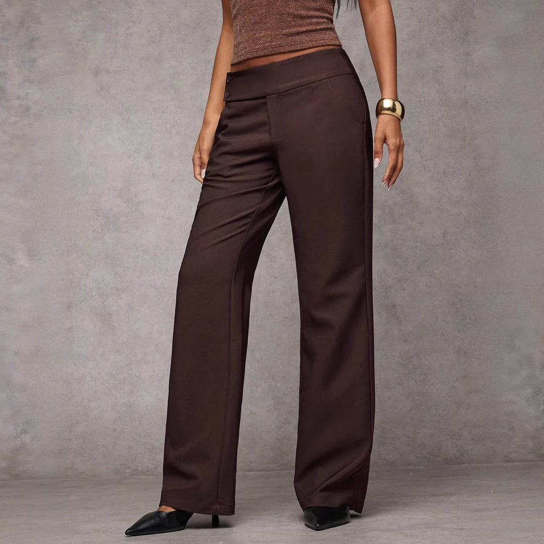 Women high-waisted straight-cut fabric trousers with wide leg and decorative button placket Mune Fashion