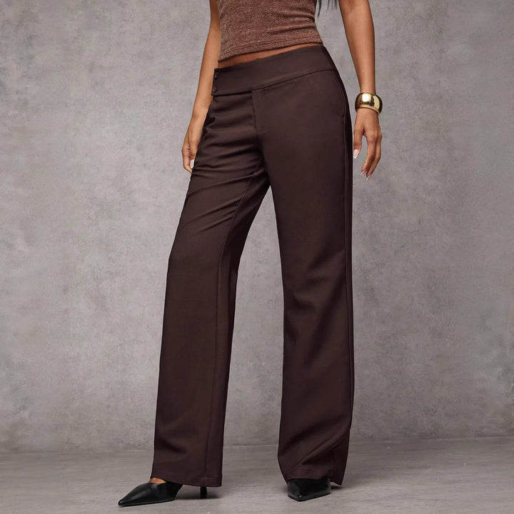 Women high-waisted straight-cut fabric trousers with wide leg and decorative button placket Mune Fashion