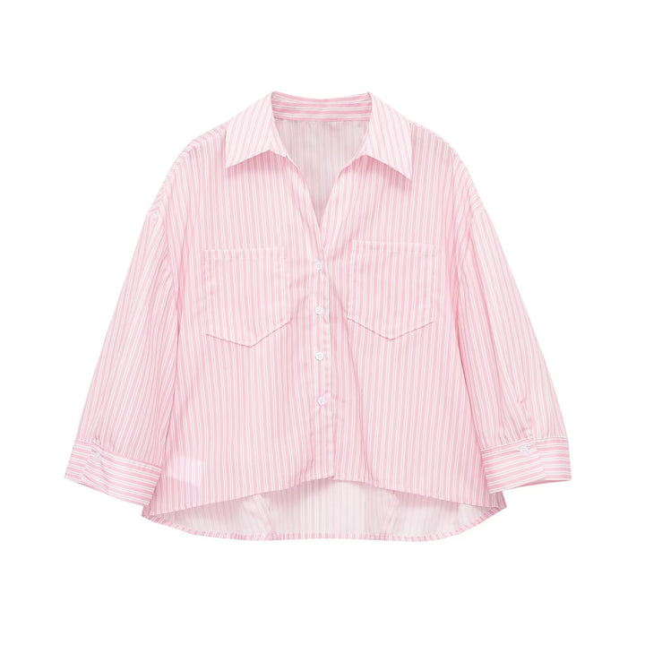 Women Oversized Shirt Blouse with Breast Pockets and Extended Back Hem Mune Fashion