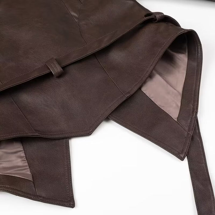 Women Short Blazer Leather Jacket with Shawl Collar, Waist Belt and Lacing Detail Mune Fashion
