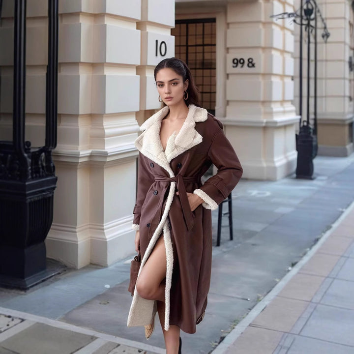 Women's Long Coat with Teddy Lining, Double-Breasted Button Placket and Tailored Fit Mune Fashion