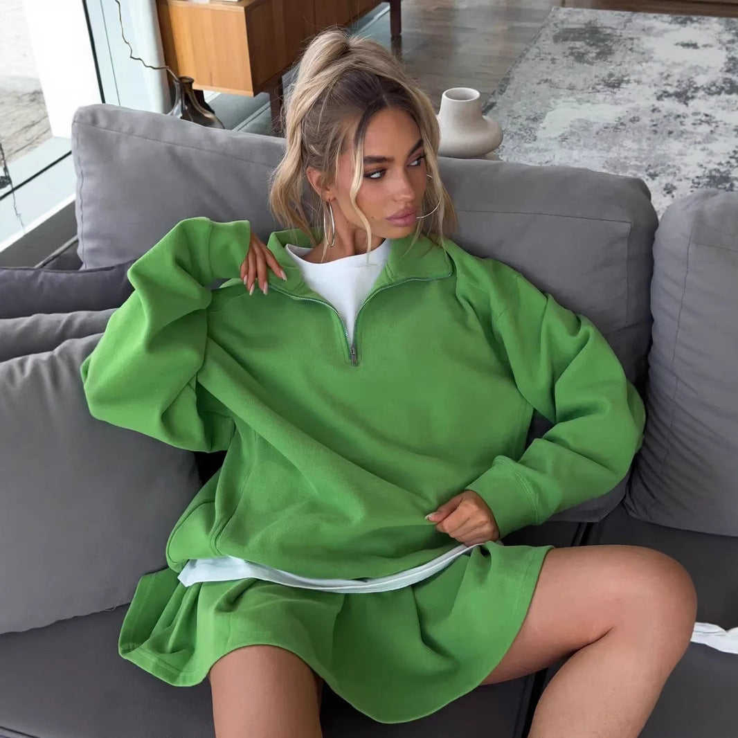 Women Oversized Sweat Dress with Half Zipper and Stand-Up Collar Mune Fashion