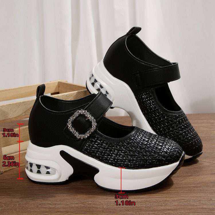 Women's Platform Sneaker Mules with Knitted Upper, Decorative Straps and Sculpted Air Sole Mune Fashion