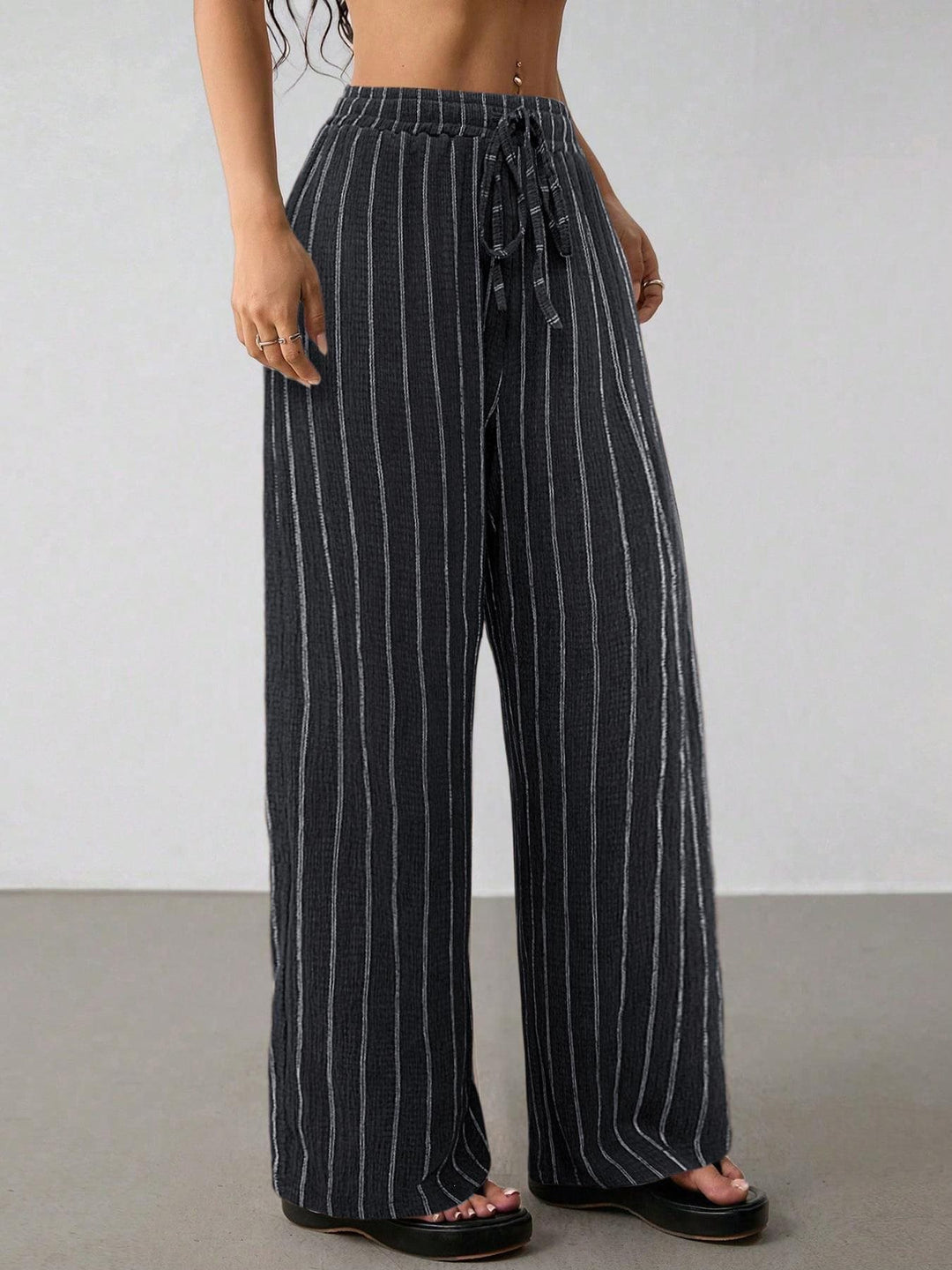 Women's Wide Knit Pants with High Waist and Drawstring Mune Fashion