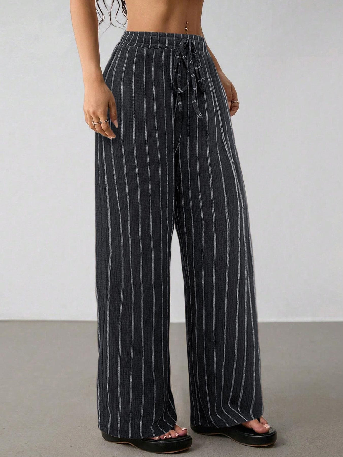 Women's Wide Knit Pants with High Waist and Drawstring Mune Fashion