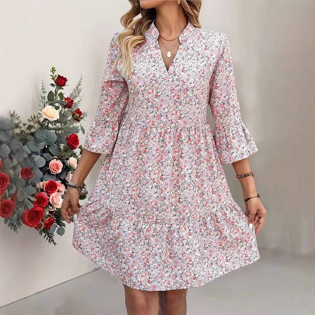 Women's Floral Babydoll Dress with V-Neck, High Empire Waist and Bell Sleeves Mune Fashion