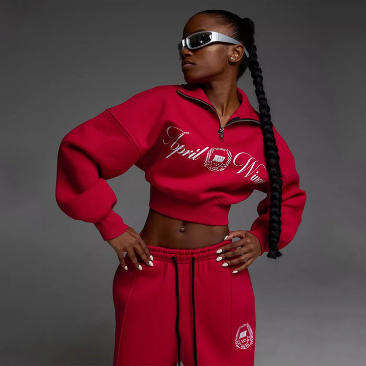 Women Cropped Half-zip Sweatshirt with Wide High-Waist Lounge Pants Set Mune Fashion