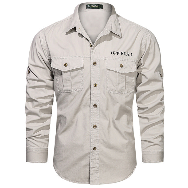 Men's robust utility shirt with double chest pockets and arm roll tab