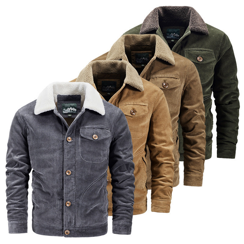 Men's cord trucker jacket with warming Sherpa collar and wooden button front Mune Fashion