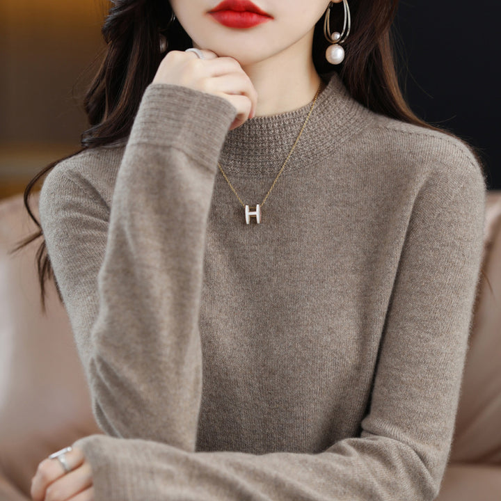Women Light Fine Knit Mock Neck Sweater with Structured Collar Trim Mune Fashion