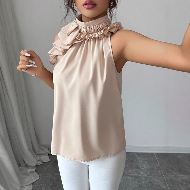 Women's High-Neck Chiffon Top with Ruffled Collar and Asymmetrical Flounce Mune Fashion