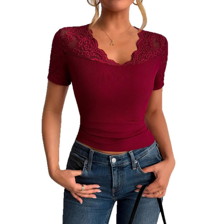 Ladies' fitted short-sleeve top with lace trim and V-neck Mune Fashion
