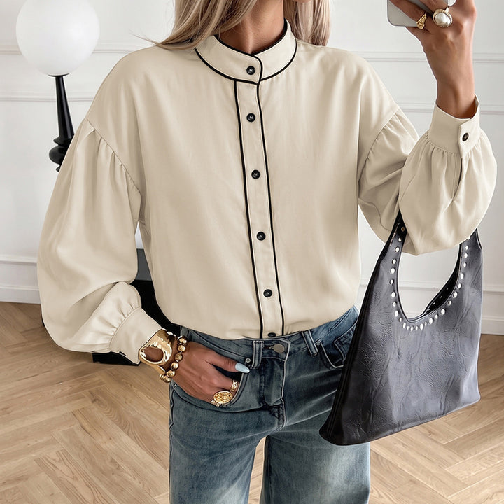 Ladies Elegant Blouse with Stand Collar and Puff Sleeves Mune Fashion