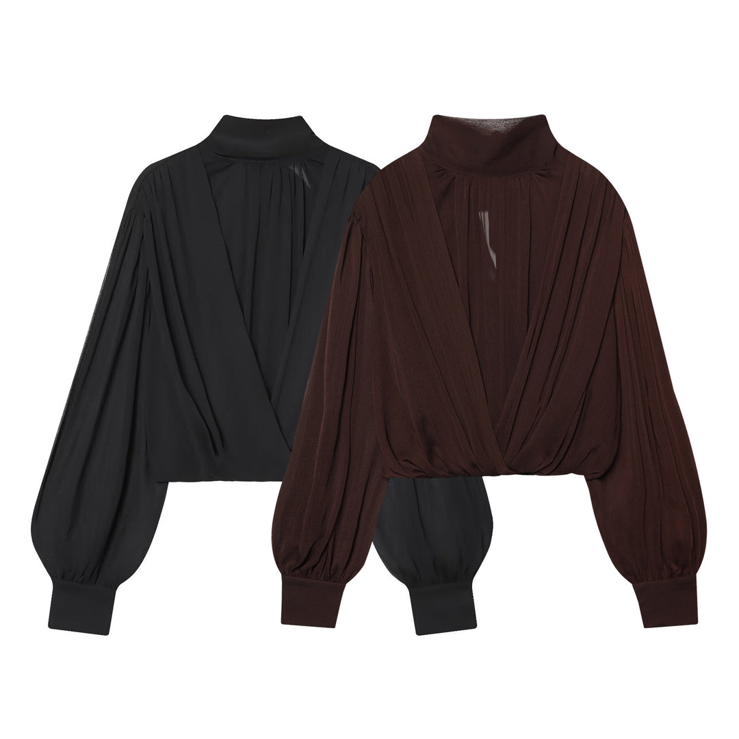 Women's draped cropped top with turtleneck and balloon sleeves Mune Fashion
