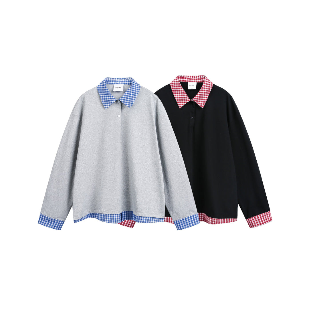 Unisex Wide cut sweatshirt with check collar and hem insert Mune Fashion