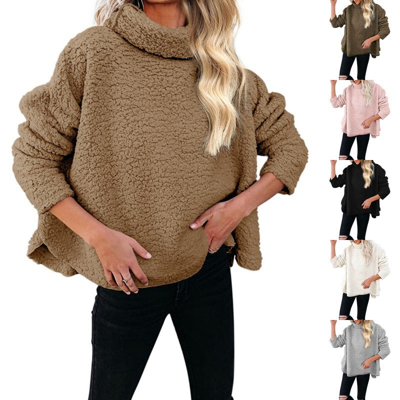 Women's Oversized Sherpa Pullover with High Roll Neck, Extended Back Hem and Casual Silhouette Mune Fashion