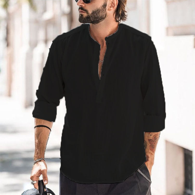 Men's casual shirt with stand-up collar, short button placket, and rounded hem Mune Fashion