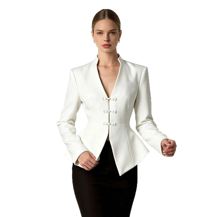Women's Tailored Peplum Blazer with Mandarin Collar and Decorative Knot Fastenings Mune Fashion