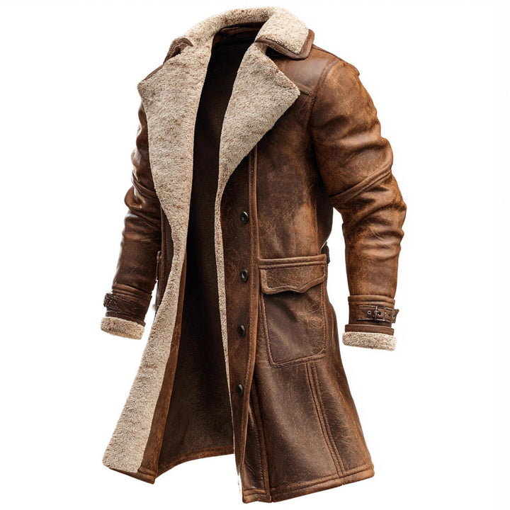 Men's Long Vintage Faux Leather Coat with Teddy Lining and Adjustable Buckle Cuffs Mune Fashion