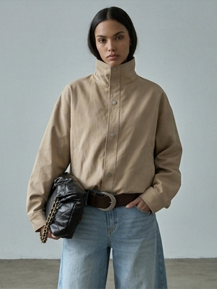 Women Short Boxy Canvas Jacket with High Stand-Up Collar and Snap Button Placket Mune Fashion