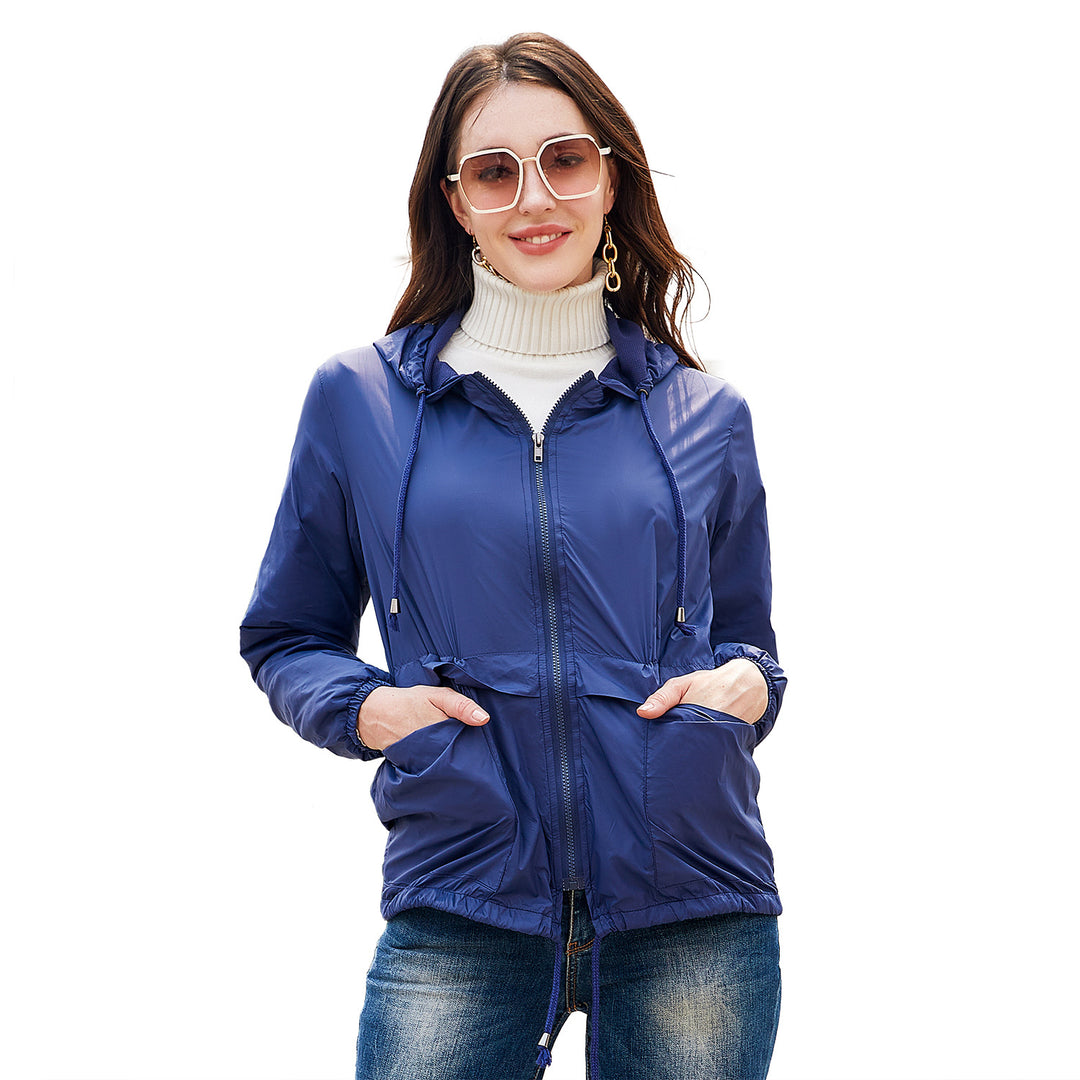 Women's lightweight wind jacket with hood mesh lining drawstring and zipper Mune Fashion