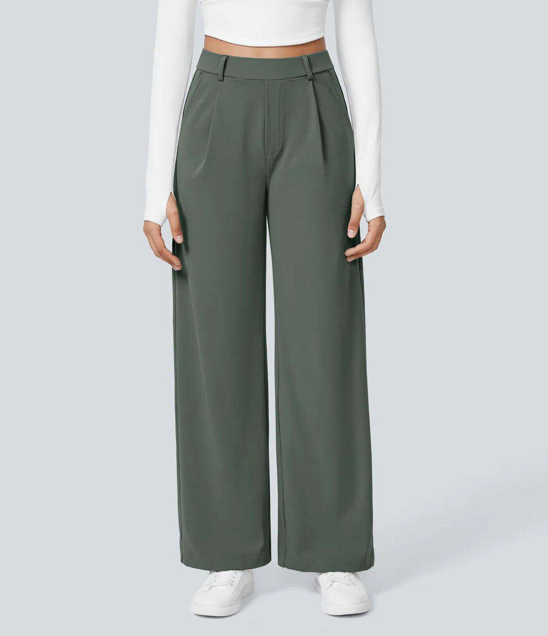Ladies high-waisted pleated trousers with wide leg, belt loops and side pockets Mune Fashion