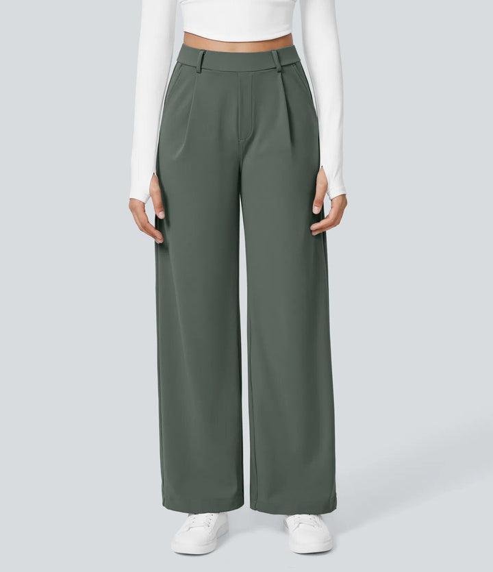 Ladies high-waisted pleated trousers with wide leg, belt loops and side pockets Mune Fashion