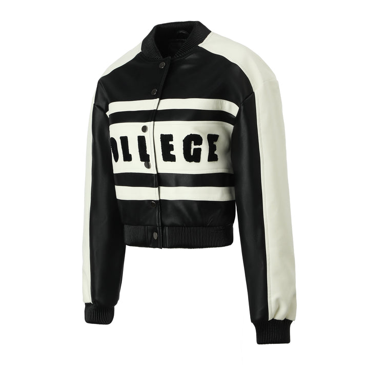 Women Cropped College Bomber Jacket made of faux leather with contrasting stripes and snap buttons Mune Fashion