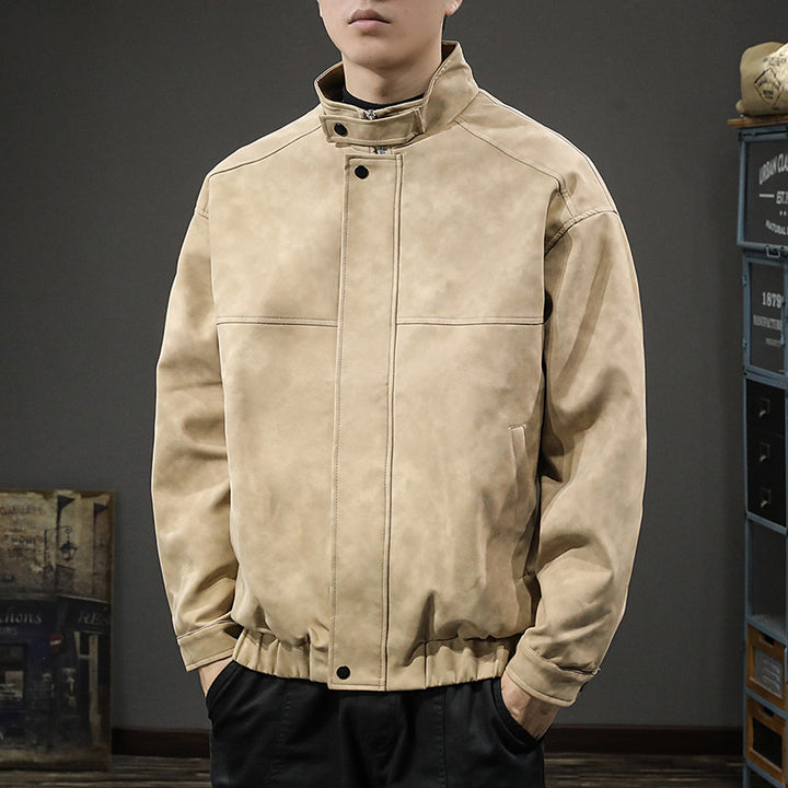 Men's Minimalist Vintage Faux Leather Bomber Jacket with Stand Collar and Concealed Snap Placket Mune Fashion