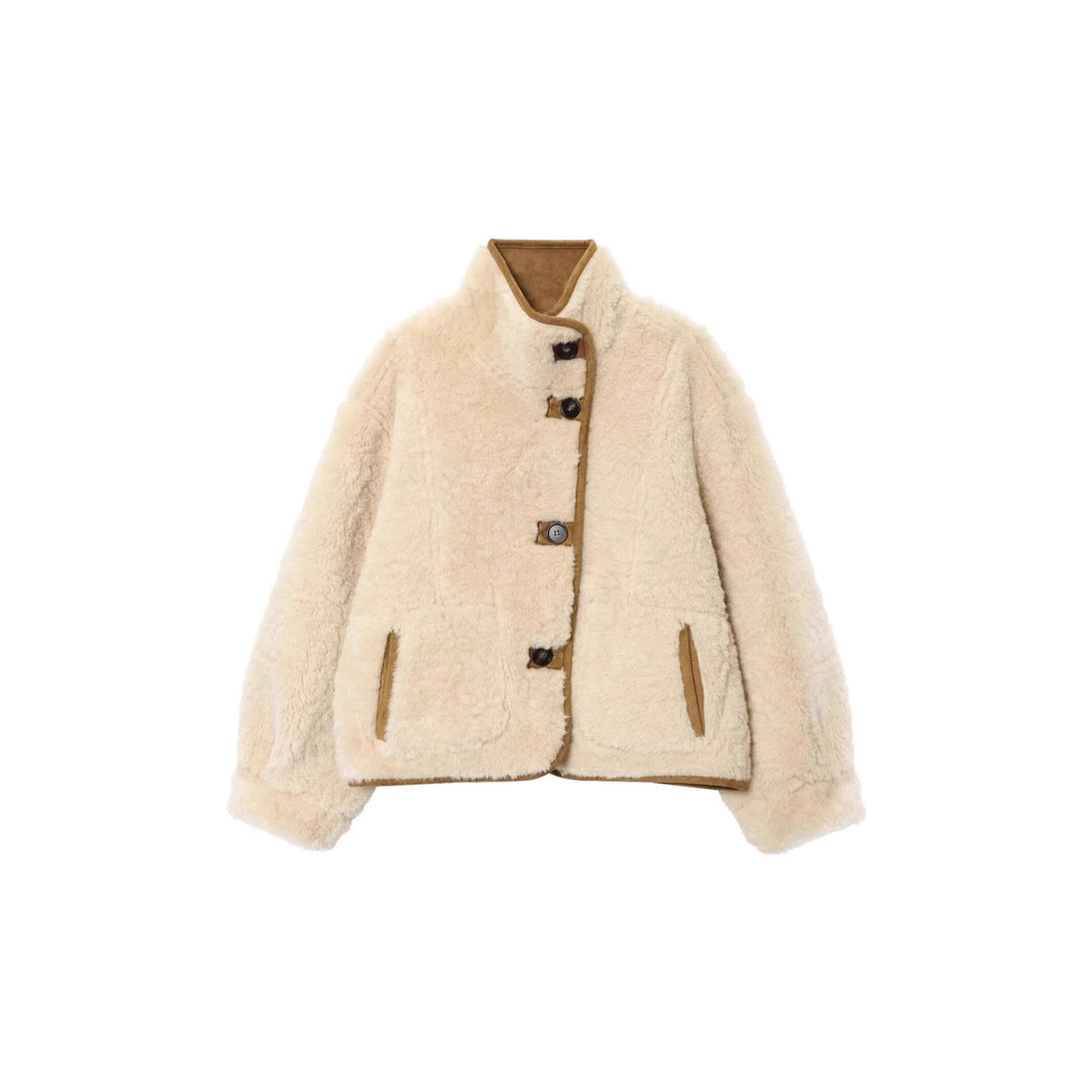 Women's Short Velour Jacket with Teddy Lining, High Stand-Up Collar and Patch Pockets Mune Fashion