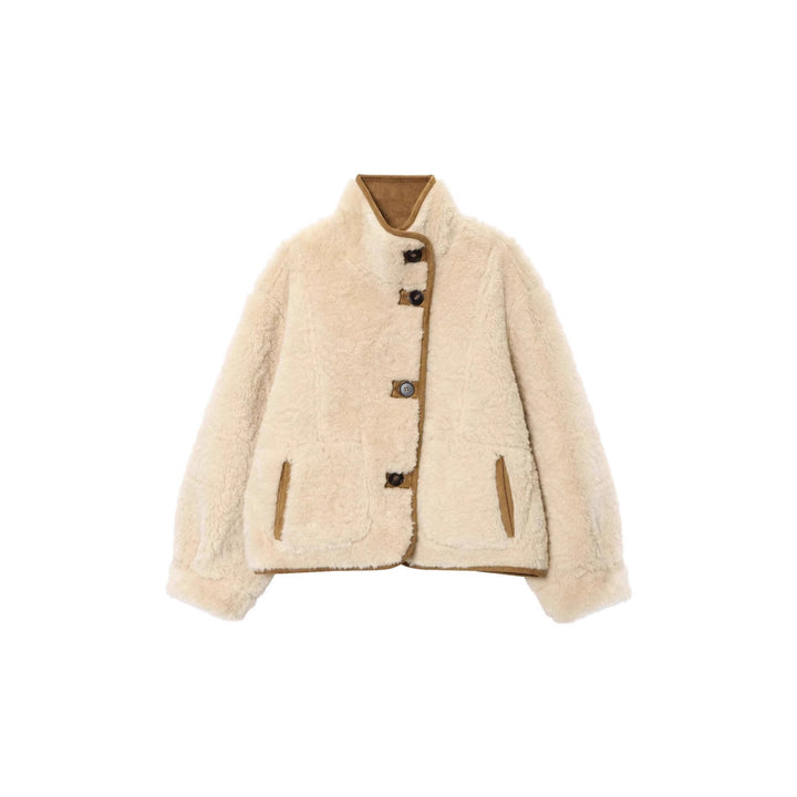 Women's Short Velour Jacket with Teddy Lining, High Stand-Up Collar and Patch Pockets Mune Fashion