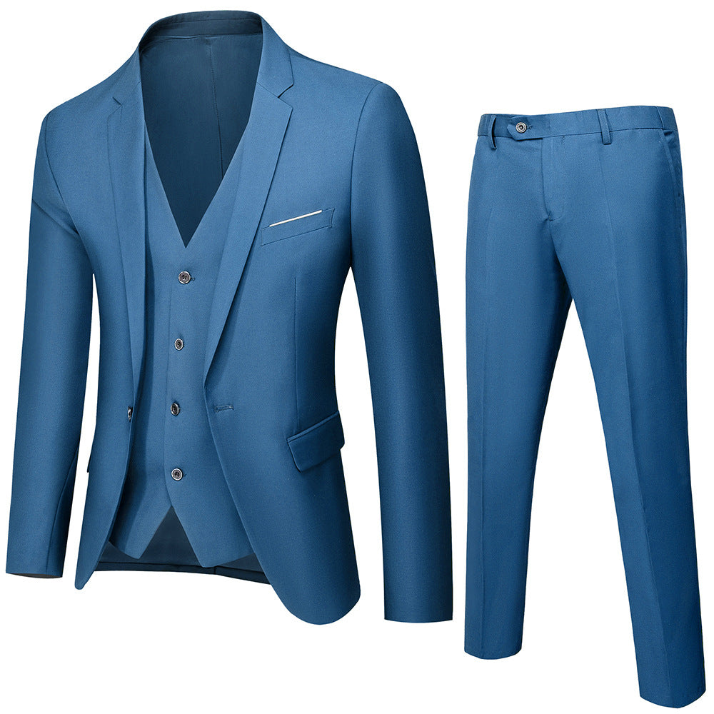 Men's three-piece business suit set with tailored single-breasted jacket, slim fit waistcoat, and elegantly cut suit pants Mune Fashion