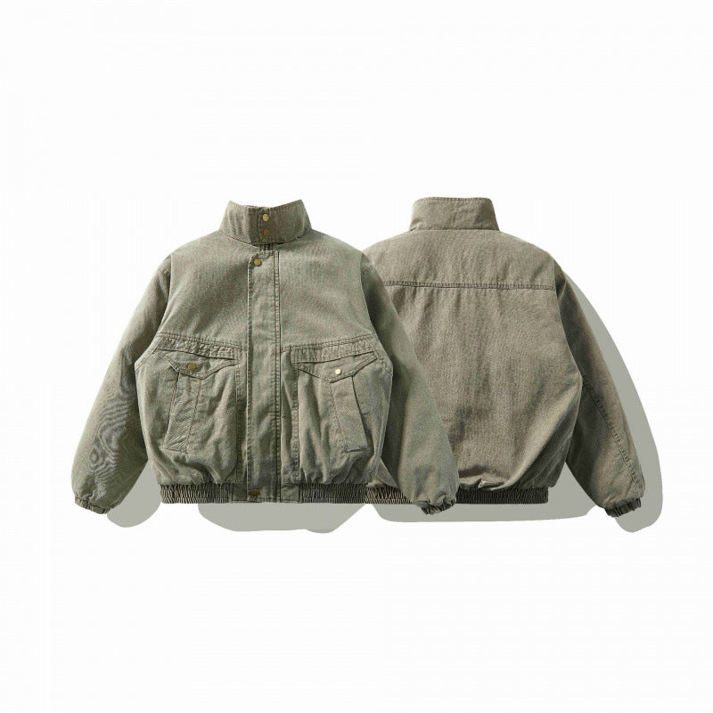 Unisex Loose-Fitting Canvas Utility Jacket with Standing Collar, Flap Pockets and Elastic Hem Mune Fashion