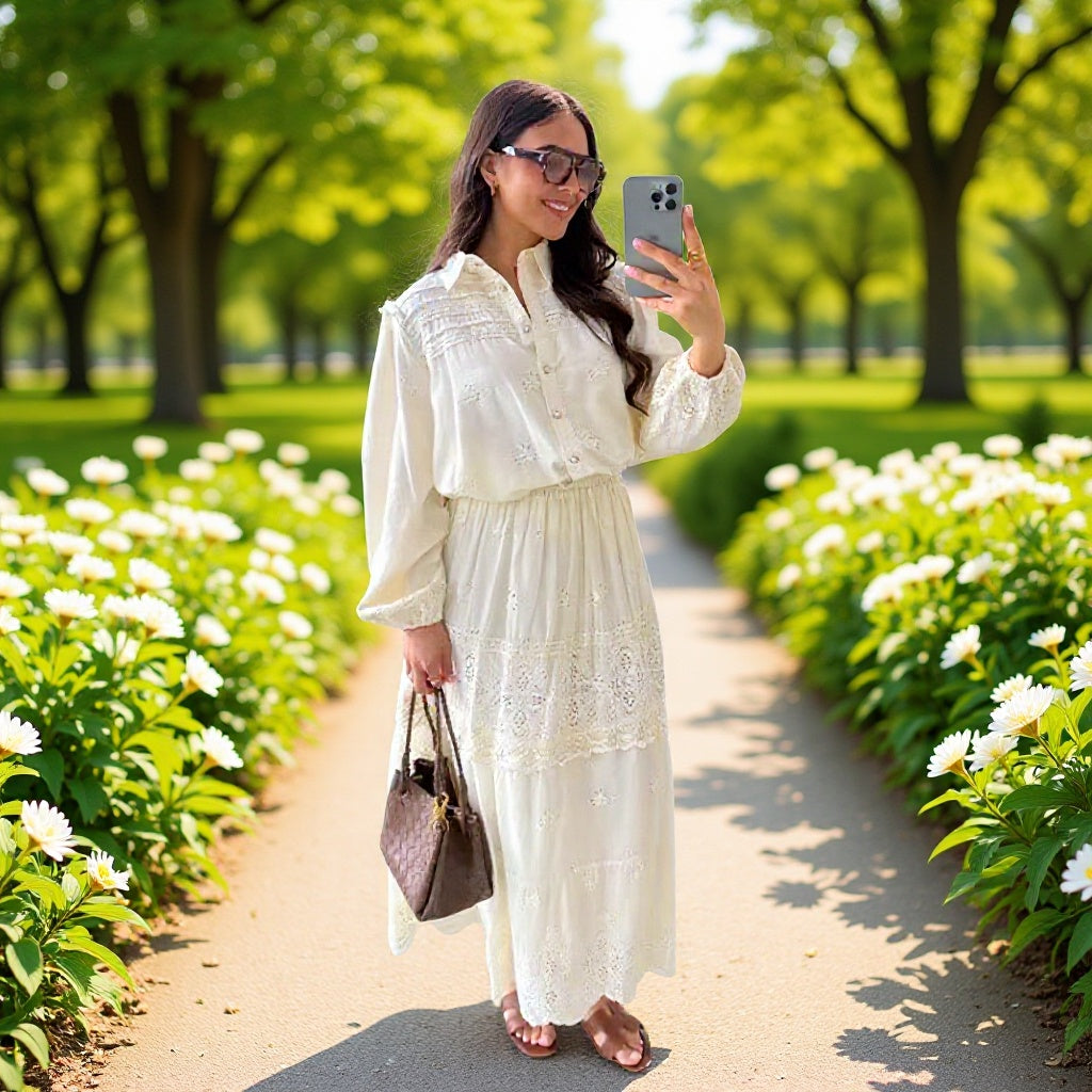 Women's Boho Maxi Dress with Embroidery, Lace Trim, Elastic Waist and Shirt Collar Mune Fashion