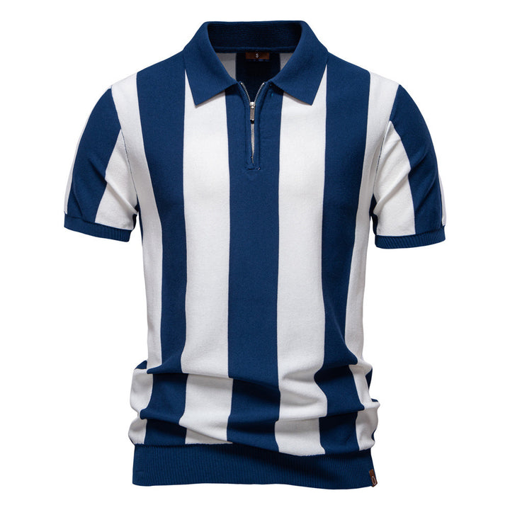 Men's short-sleeved fine knit half-zip polo with distinctive block stripes and Kent collar Mune Fashion