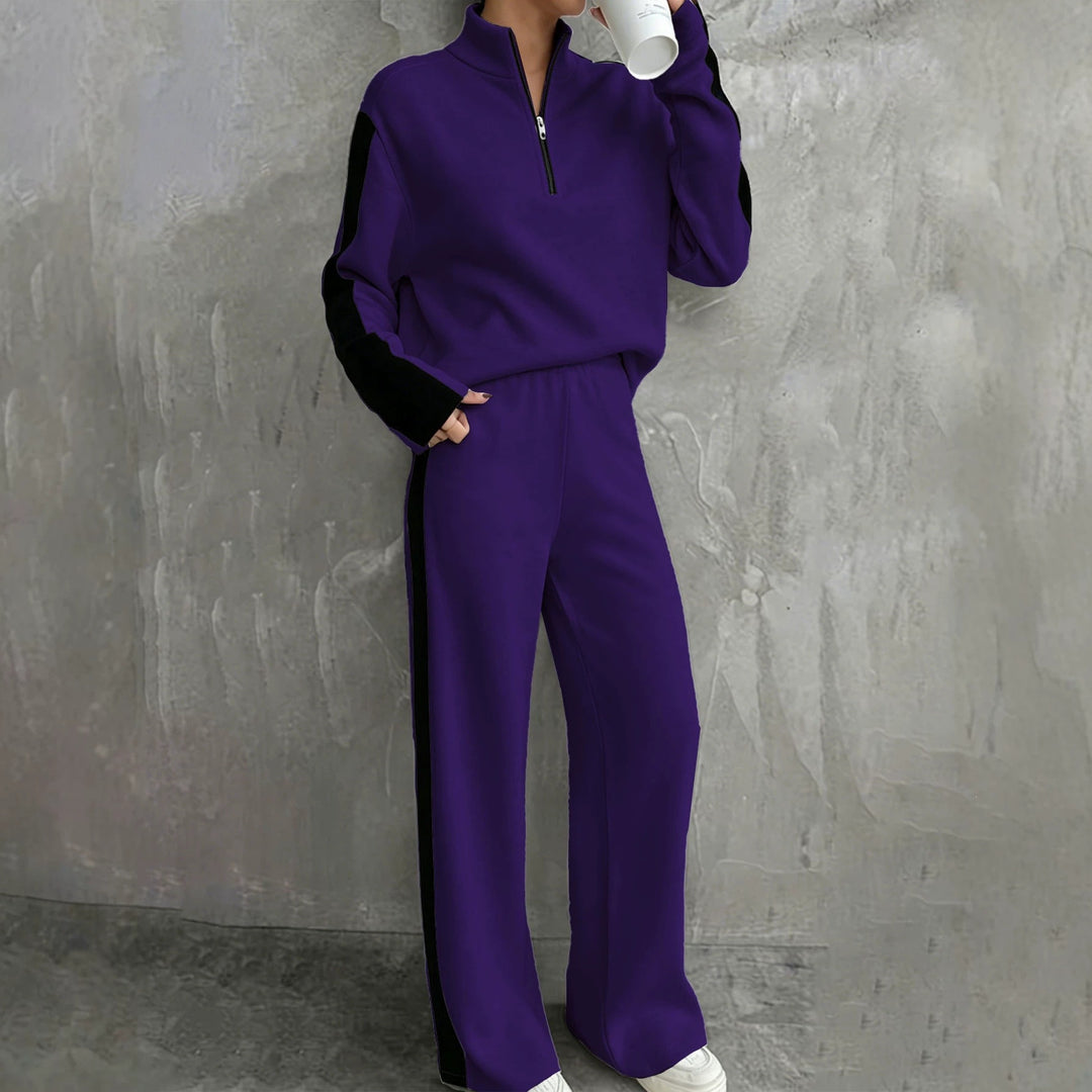 Women's casual tracksuit set with half zip, elastic waistband and side contrast stripes Mune Fashion