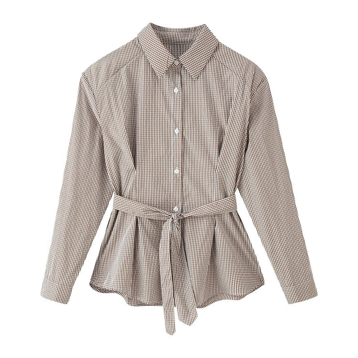 Women Checked Tailored Shirt Blouse with Ties Mune Fashion