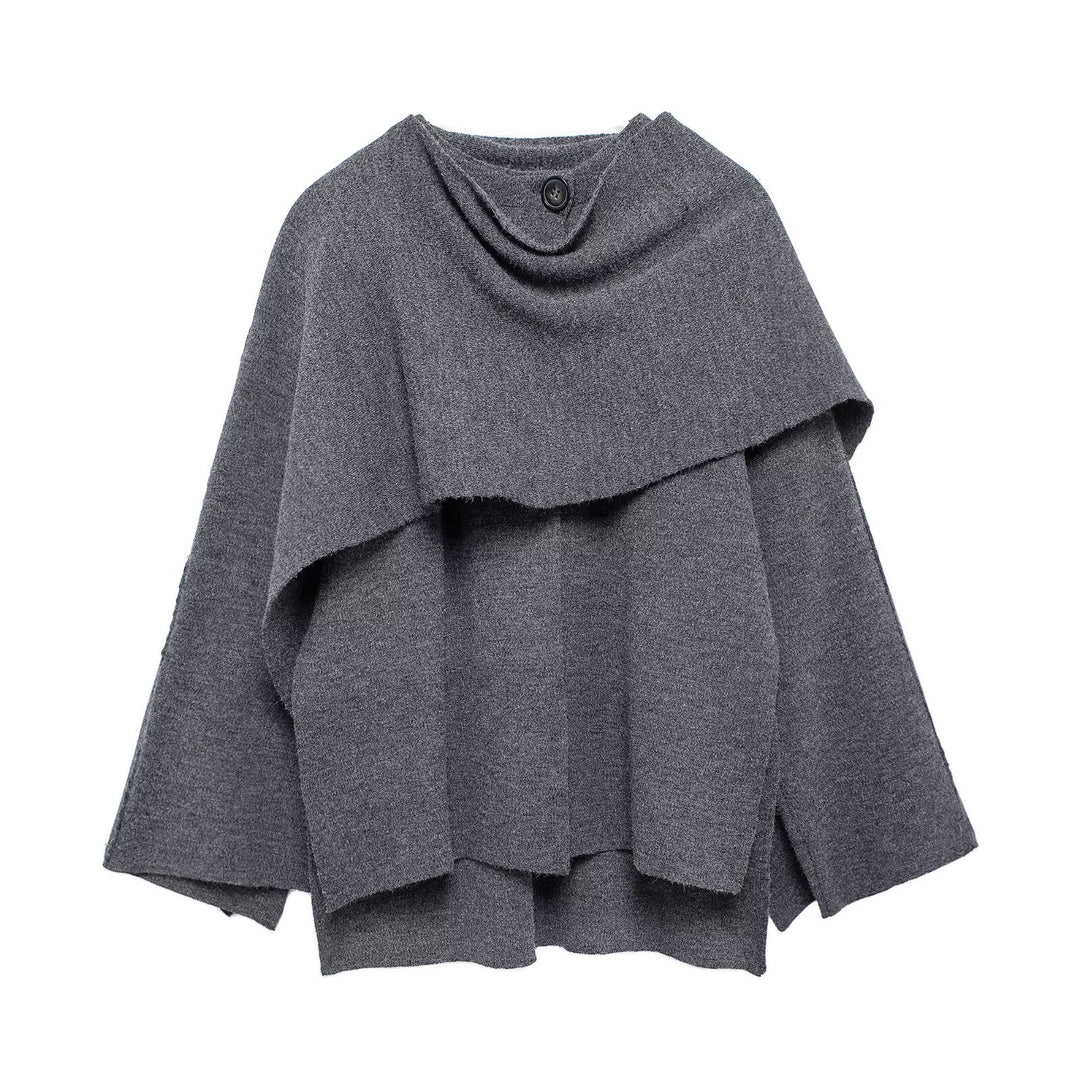 Ladies two-layer knit poncho with asymmetric hem and decorative button collar Mune Fashion