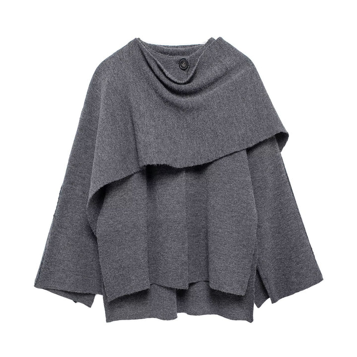 Ladies two-layer knit poncho with asymmetric hem and decorative button collar Mune Fashion