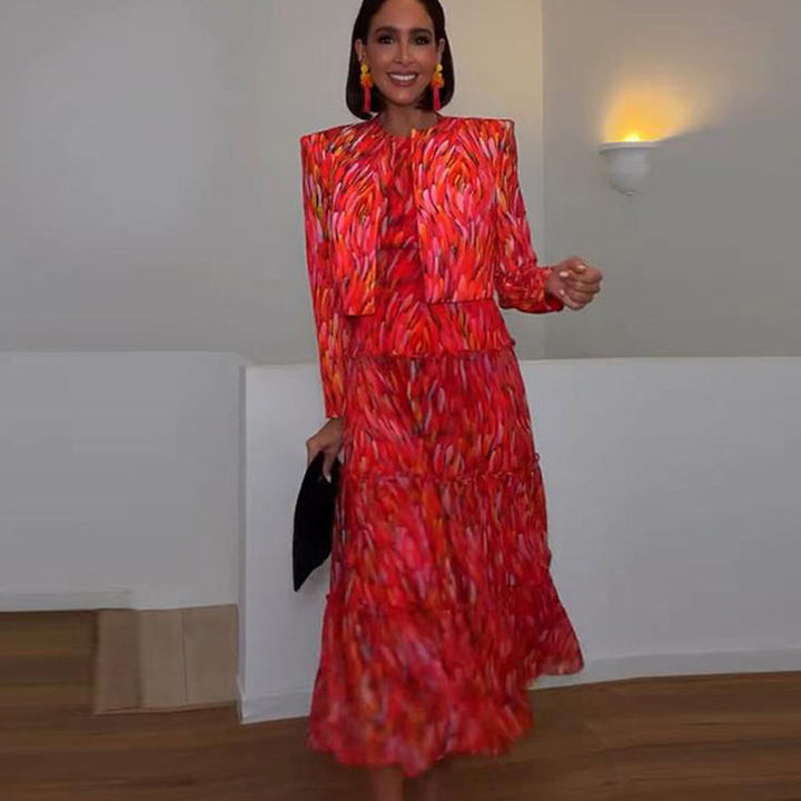 Women's Two-Piece Midi Dress Set with Fitted Midi Dress and Short Bolero with Emphasized Shoulder Mune Fashion