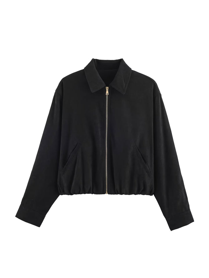 Women's short blazer in velvet look with pointed shirt collar and elastic hem Mune Fashion