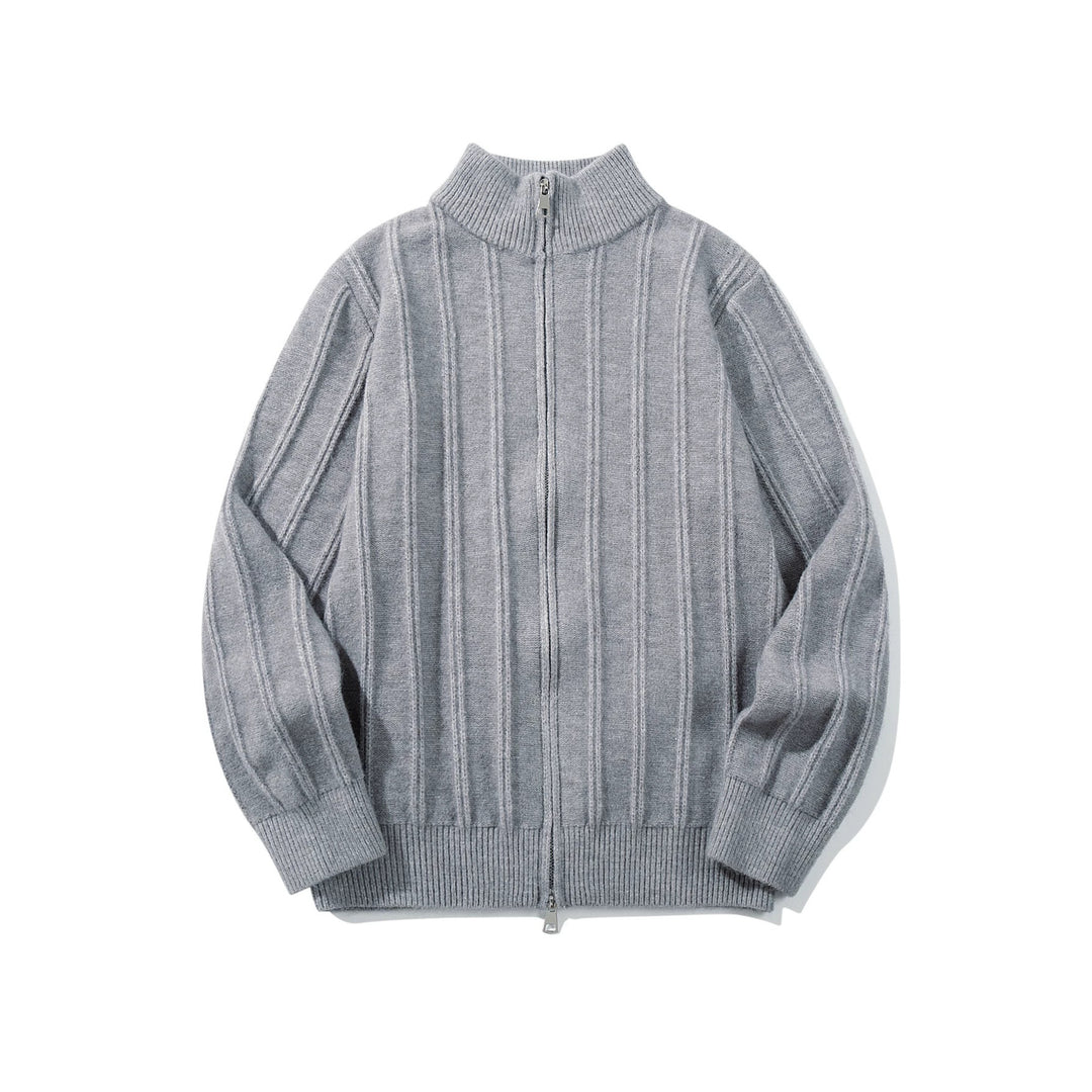 Unisex Gathered Knit Zip Jacket with High Stand-up Collar and Vertical Structure Mune Fashion