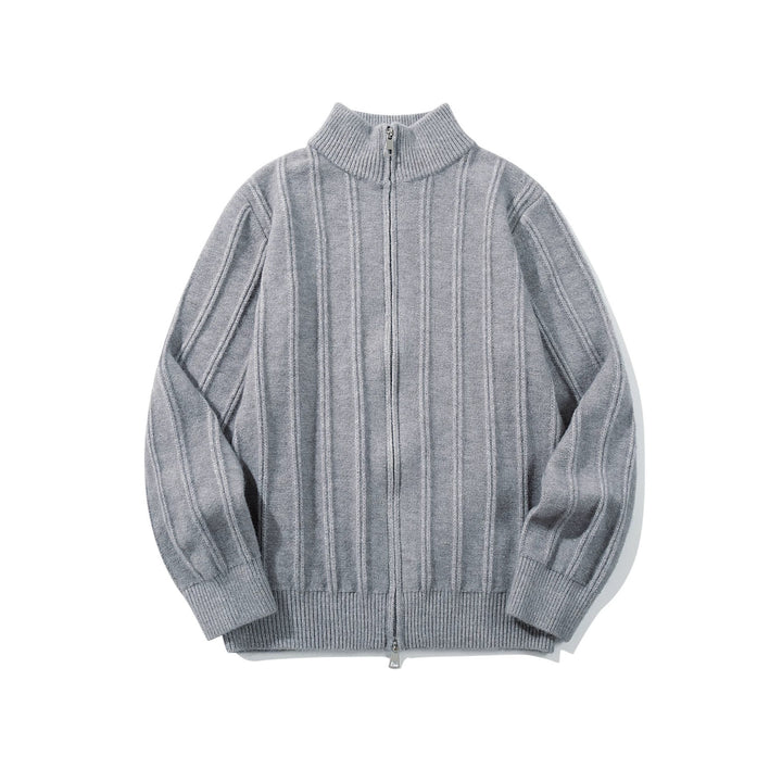 Unisex Gathered Knit Zip Jacket with High Stand-up Collar and Vertical Structure Mune Fashion