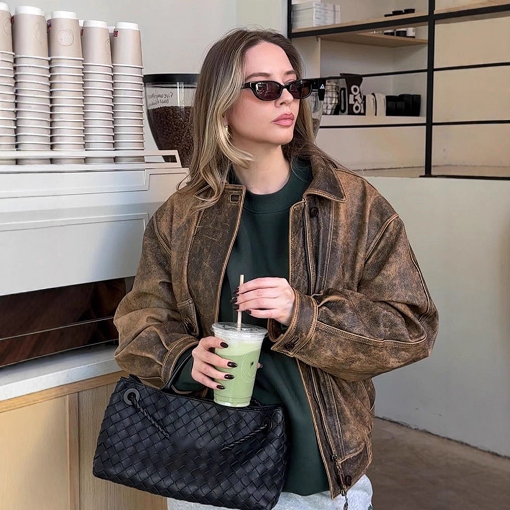 Women Vintage-inspired Oversized Leather Bomber Jacket with Used Look Mune Fashion
