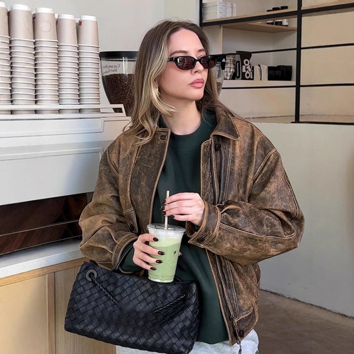 Women Vintage-inspired Oversized Leather Bomber Jacket with Used Look Mune Fashion