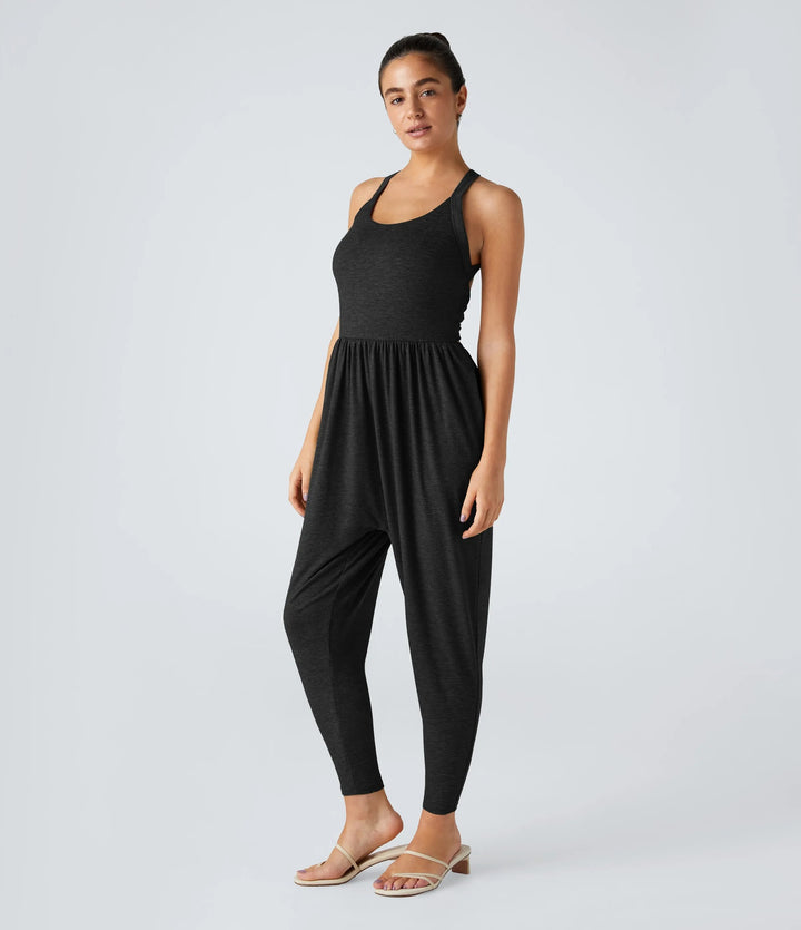 Women's casual jersey jumpsuit with racerback, smocked waist and side pockets Mune Fashion