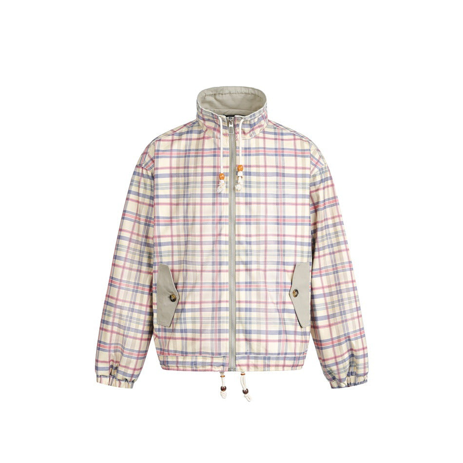 Women's lightly padded checkered boxy bomber jacket with drawstring hem, wooden bead cord and patch pockets Mune Fashion