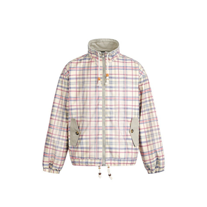 Women's lightly padded checkered boxy bomber jacket with drawstring hem, wooden bead cord and patch pockets Mune Fashion